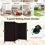 Paravent pliant 3 panneaux Costway 183 cm sur roulettes verrouillables Noir/Marron/Gris/Blanc