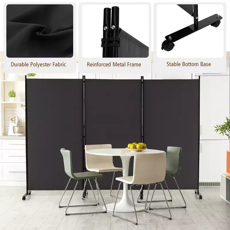 Paravent pliant 3 panneaux Costway 183 cm sur roulettes verrouillables Noir/Marron/Gris/Blanc