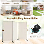 Paravent pliant 3 panneaux Costway 183 cm sur roulettes verrouillables Noir/Marron/Gris/Blanc