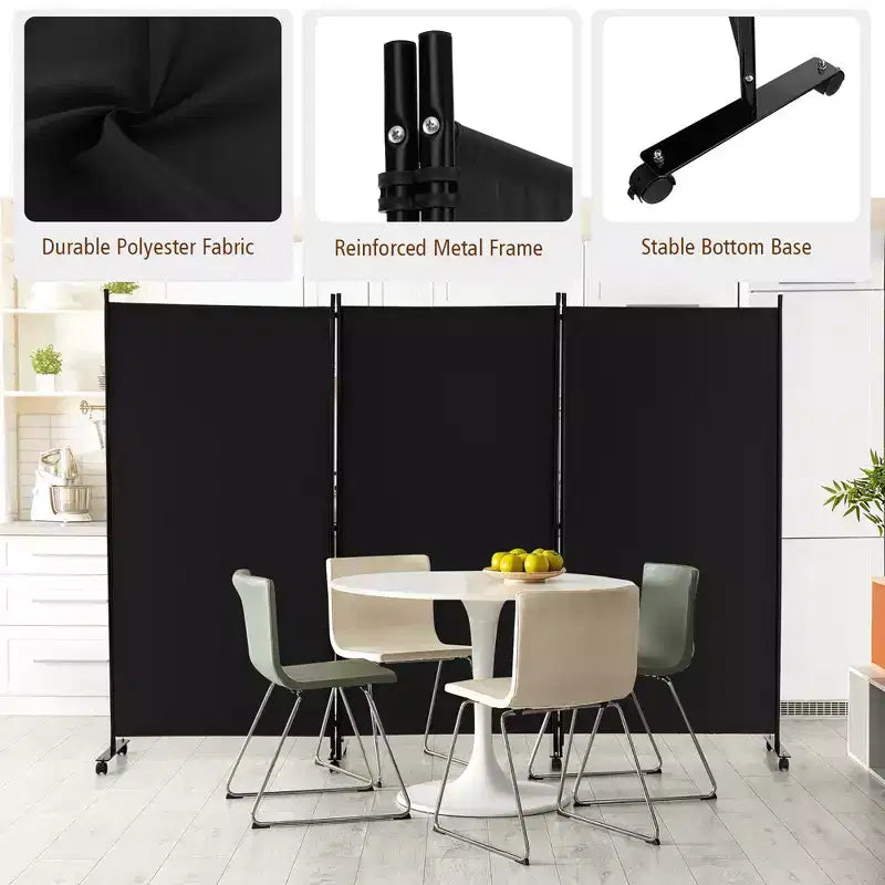 Paravent pliant 3 panneaux Costway 183 cm sur roulettes verrouillables Noir/Marron/Gris/Blanc