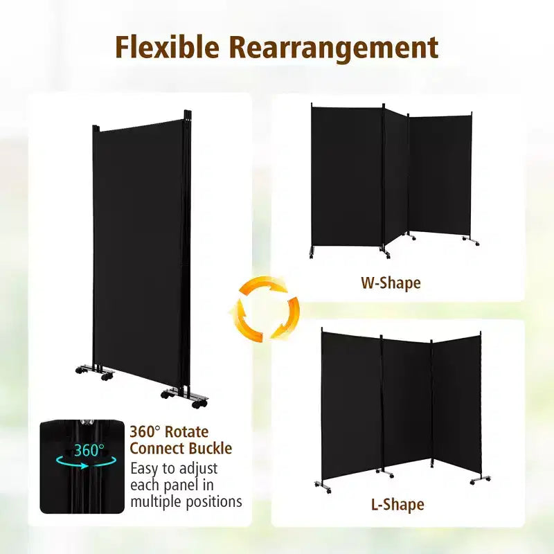 Paravent pliant 3 panneaux Costway 183 cm sur roulettes verrouillables Noir/Marron/Gris/Blanc