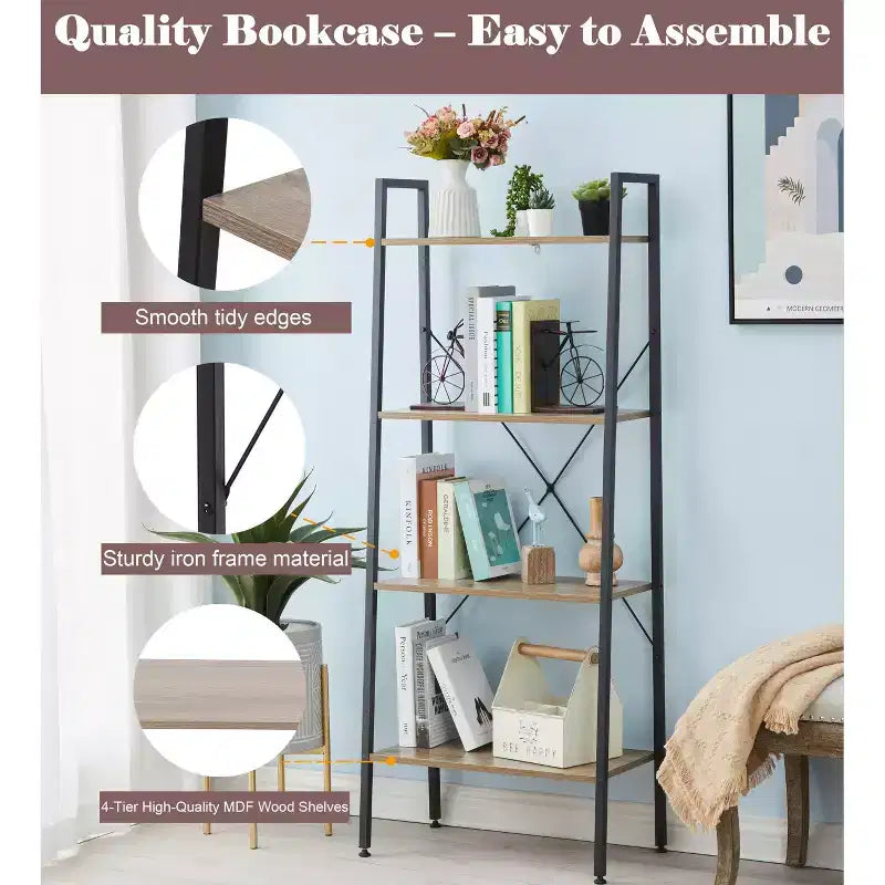 Bibliothèque échelle à 4 étagères LuxenHome 58,3 x 23,62 L en bois et métal. Marron