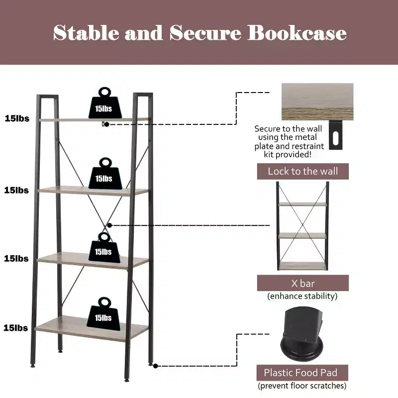Bibliothèque échelle à 4 étagères LuxenHome 58,3 x 23,62 L en bois et métal. Marron