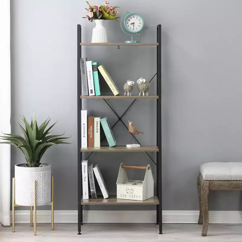 Bibliothèque échelle à 4 étagères LuxenHome 58,3 x 23,62 L en bois et métal. Marron