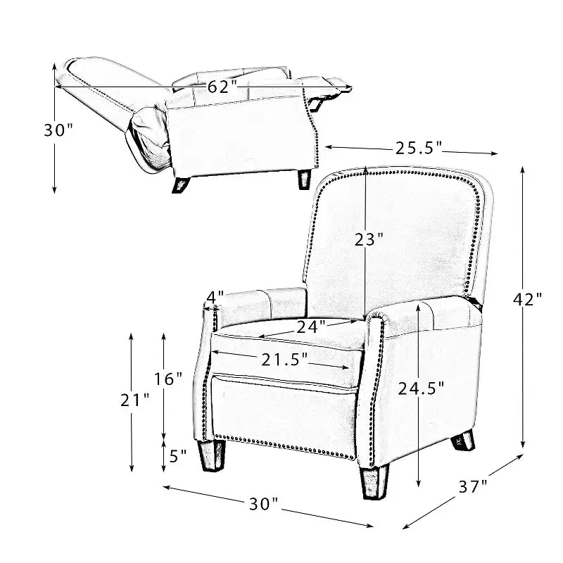 Lot de 2 fauteuils inclinables Deborah modernes en bois et cuir véritable avec clous décoratifs pour le salon et la chambre | ART OF LIVING DESIGNS