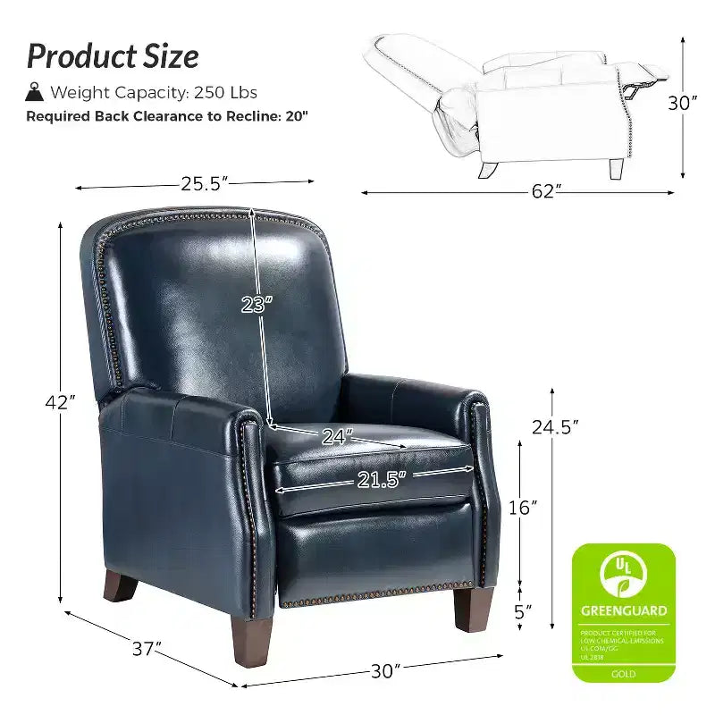 Lot de 2 fauteuils inclinables Deborah modernes en bois et cuir véritable avec clous décoratifs pour le salon et la chambre | ART OF LIVING DESIGNS