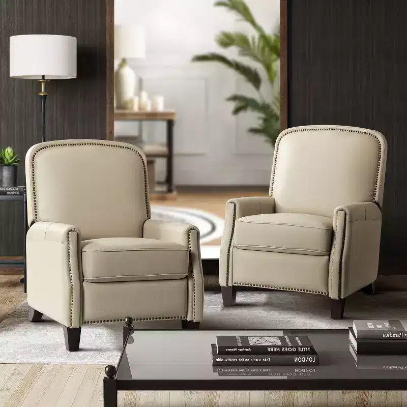 Lot de 2 fauteuils inclinables Deborah modernes en bois et cuir véritable avec clous décoratifs pour le salon et la chambre | ART OF LIVING DESIGNS