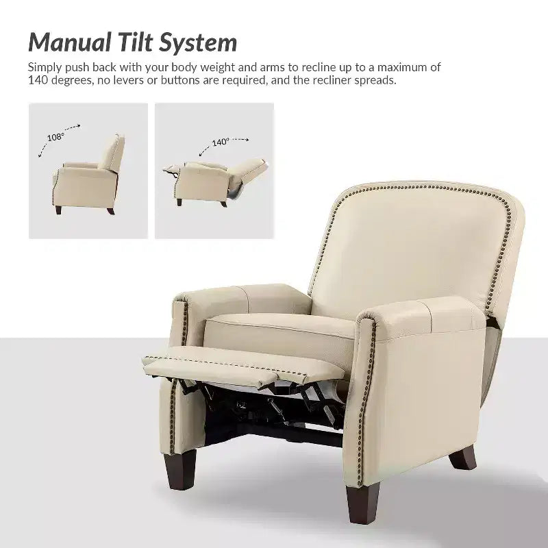 Lot de 2 fauteuils inclinables Deborah modernes en bois et cuir véritable avec clous décoratifs pour le salon et la chambre | ART OF LIVING DESIGNS