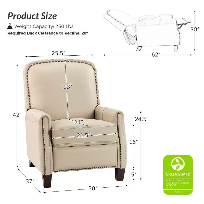 Lot de 2 fauteuils inclinables Deborah modernes en bois et cuir véritable avec clous décoratifs pour le salon et la chambre | ART OF LIVING DESIGNS