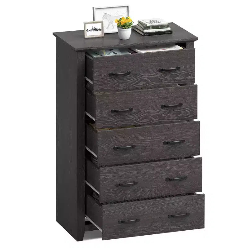 Costway Commode 5 tiroirs Meuble de rangement Haut placard Chambre Couloir Gris foncé/Noyer