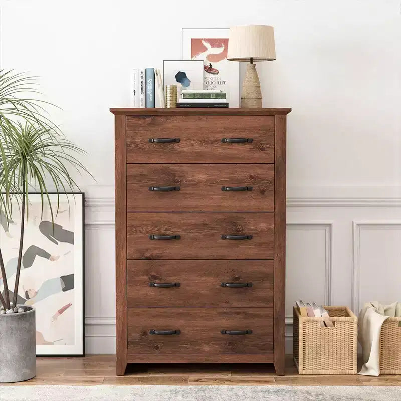 Costway Commode 5 tiroirs Meuble de rangement Haut placard Chambre Couloir Gris foncé/Noyer