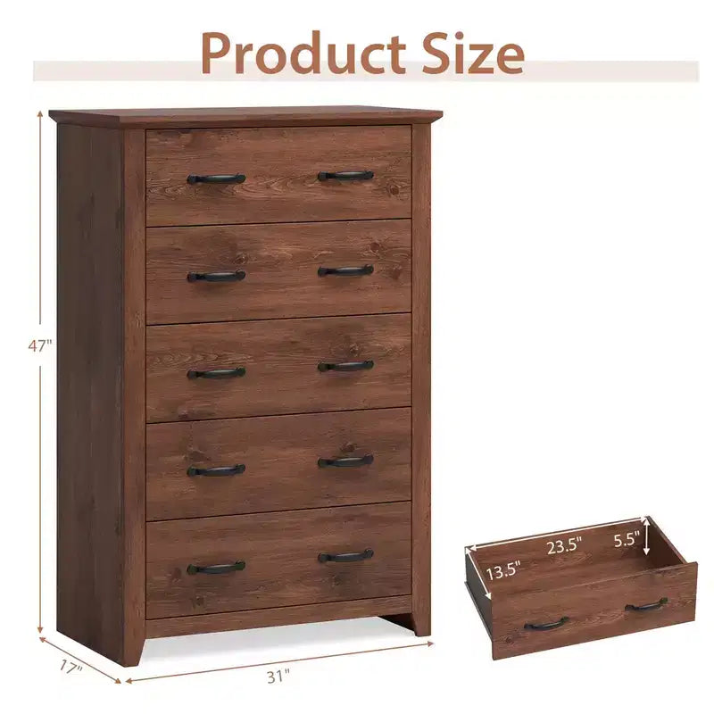 Costway Commode 5 tiroirs Meuble de rangement Haut placard Chambre Couloir Gris foncé/Noyer