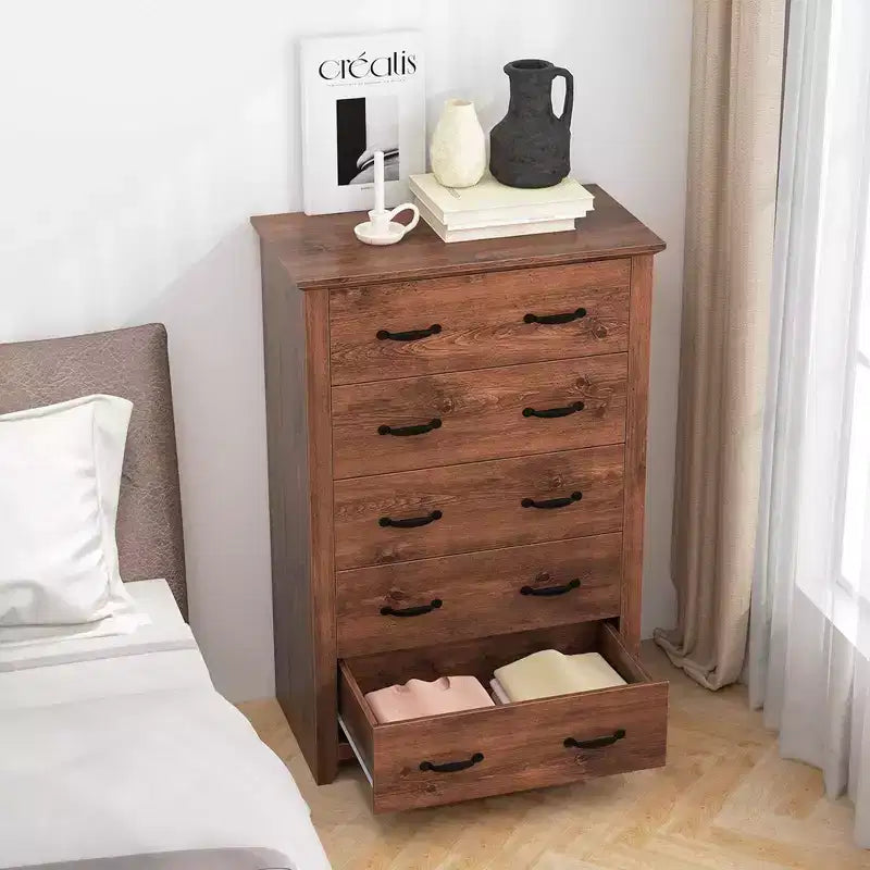 Costway Commode 5 tiroirs Meuble de rangement Haut placard Chambre Couloir Gris foncé/Noyer