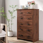 Costway Commode 5 tiroirs Meuble de rangement Haut placard Chambre Couloir Gris foncé/Noyer