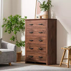 Costway Commode 5 tiroirs Meuble de rangement Haut placard Chambre Couloir Gris foncé/Noyer