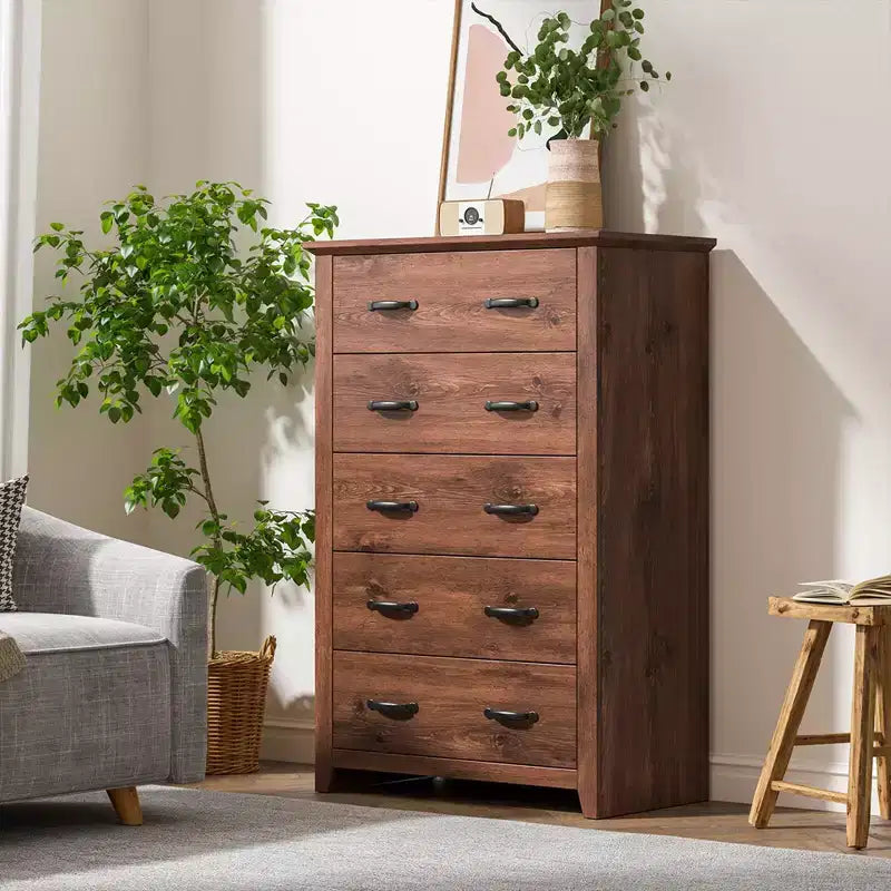 Costway Commode 5 tiroirs Meuble de rangement Haut placard Chambre Couloir Gris foncé/Noyer