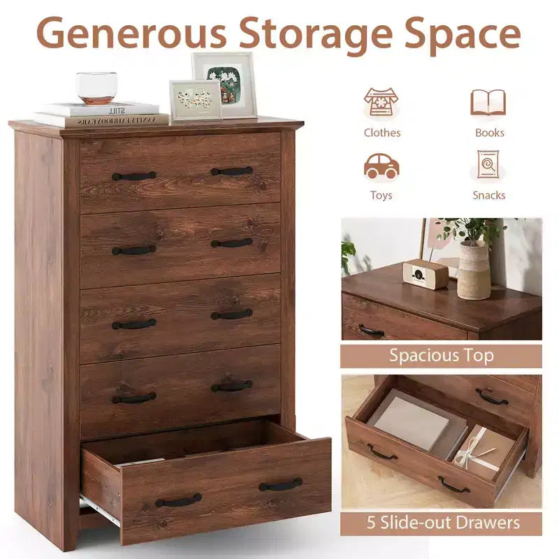 Costway Commode 5 tiroirs Meuble de rangement Haut placard Chambre Couloir Gris foncé/Noyer