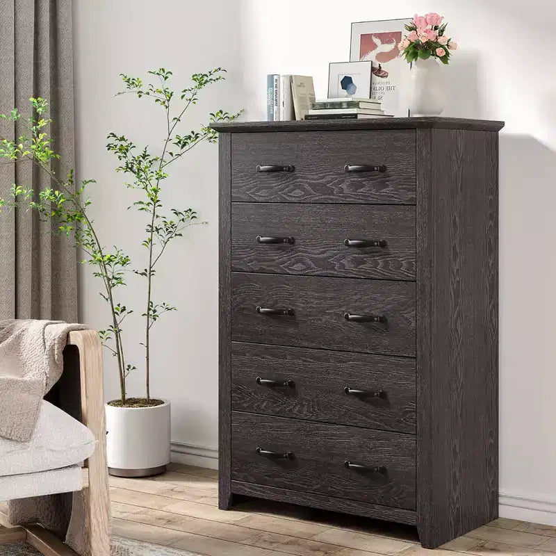 Costway Commode 5 tiroirs Meuble de rangement Haut placard Chambre Couloir Gris foncé/Noyer