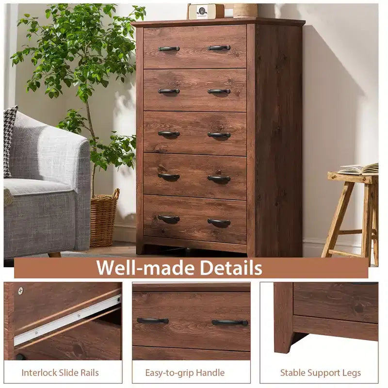 Costway Commode 5 tiroirs Meuble de rangement Haut placard Chambre Couloir Gris foncé/Noyer
