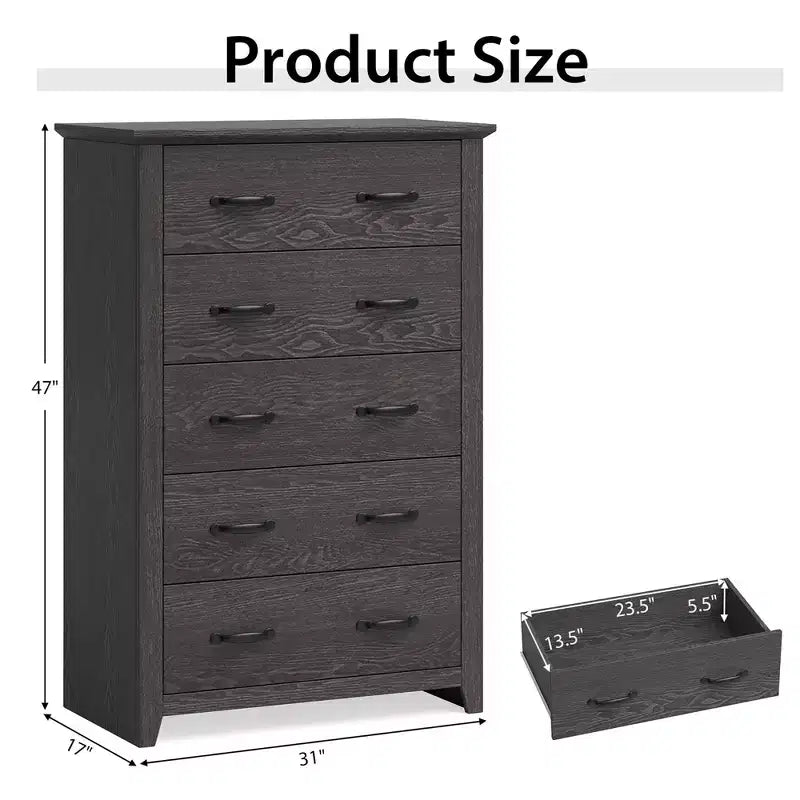 Costway Commode 5 tiroirs Meuble de rangement Haut placard Chambre Couloir Gris foncé/Noyer