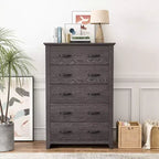 Costway Commode 5 tiroirs Meuble de rangement Haut placard Chambre Couloir Gris foncé/Noyer