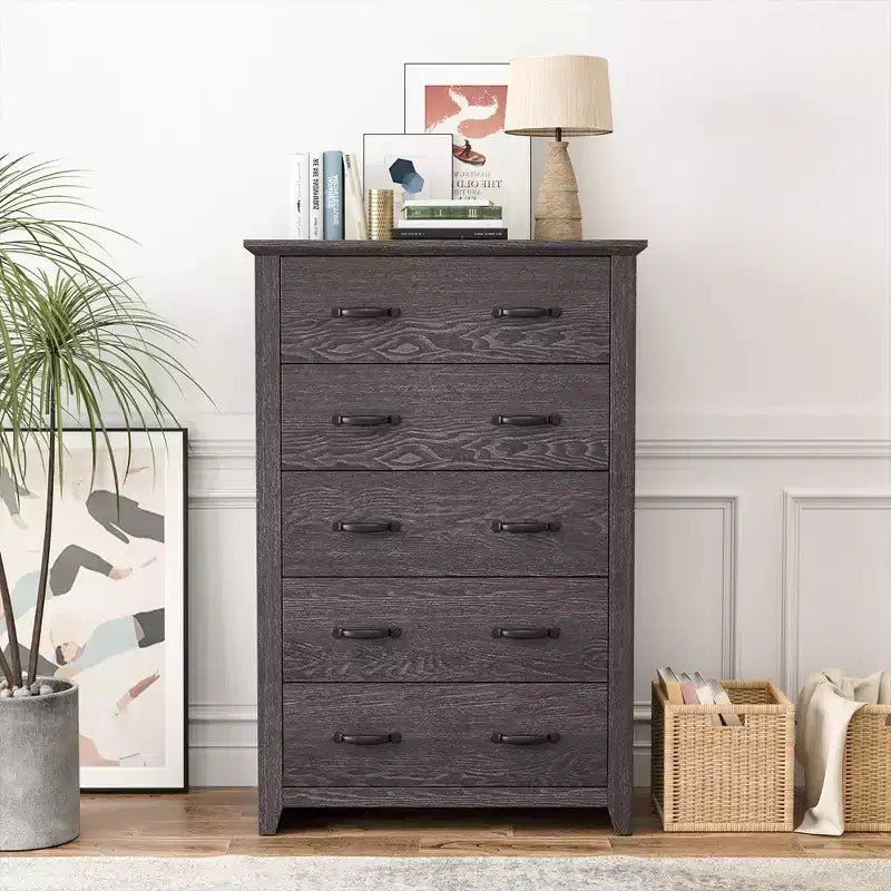 Costway Commode 5 tiroirs Meuble de rangement Haut placard Chambre Couloir Gris foncé/Noyer