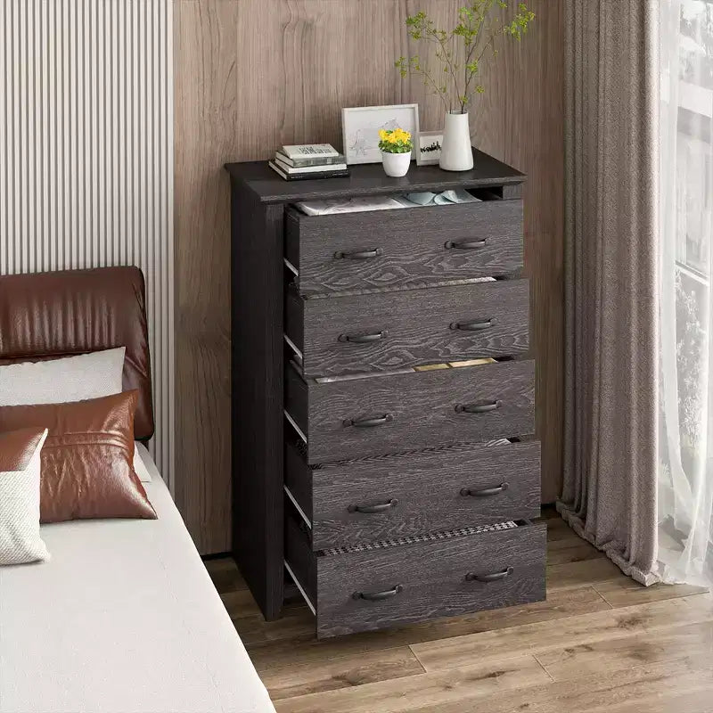 Costway Commode 5 tiroirs Meuble de rangement Haut placard Chambre Couloir Gris foncé/Noyer