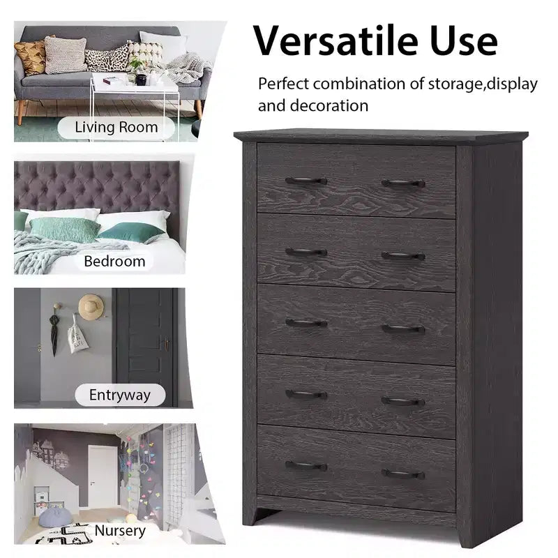 Costway Commode 5 tiroirs Meuble de rangement Haut placard Chambre Couloir Gris foncé/Noyer