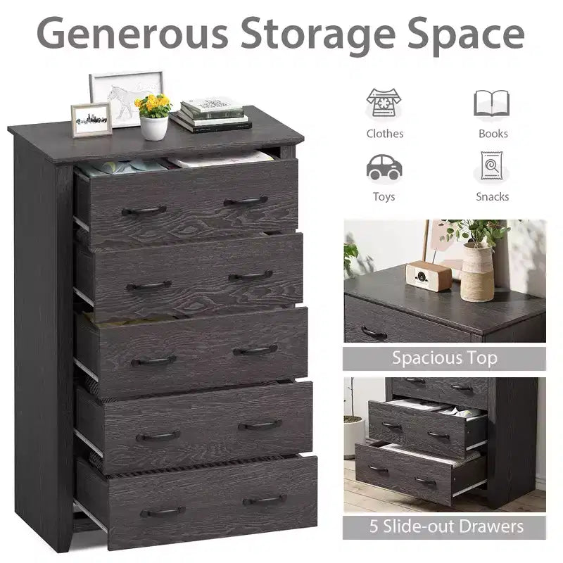Costway Commode 5 tiroirs Meuble de rangement Haut placard Chambre Couloir Gris foncé/Noyer