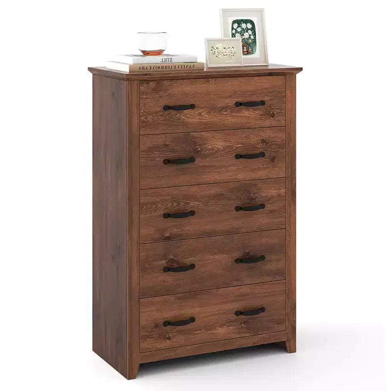 Costway Commode 5 tiroirs Meuble de rangement Haut placard Chambre Couloir Gris foncé/Noyer