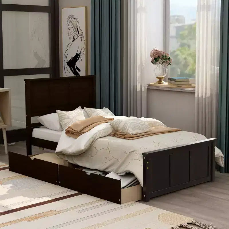 Lit plateforme de rangement en bois pour lits jumeaux avec lit gigogne/deux tiroirs-ModernLuxe
