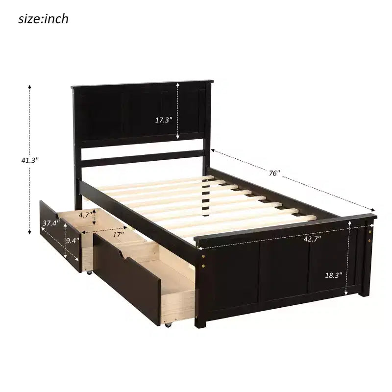 Lit plateforme de rangement en bois pour lits jumeaux avec lit gigogne/deux tiroirs-ModernLuxe
