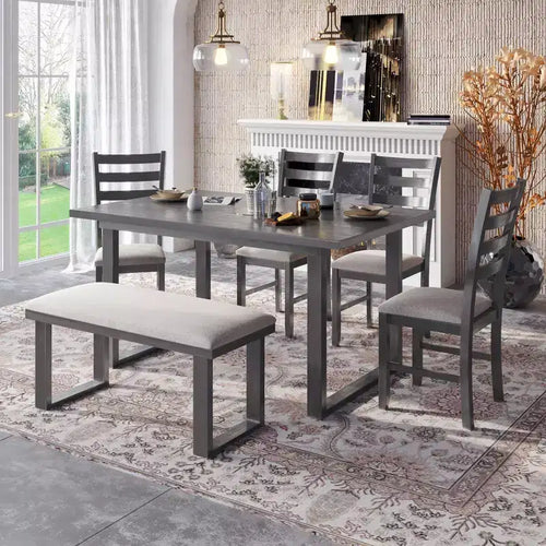 6-Piece Rustic Wood Dining Table Set with Chairs and Bench,Gray-ModernLuxe
