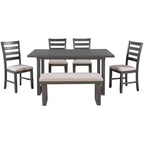 Ensemble de salle à manger rustique 6 pièces en bois avec chaises et banc, gris - ModernLuxe