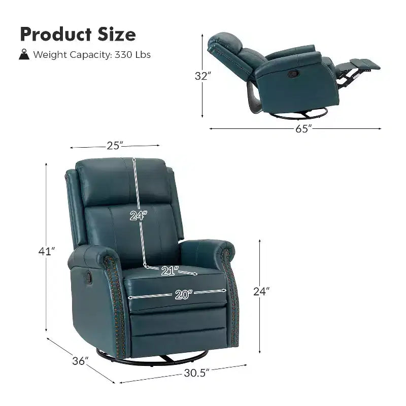 Fauteuil inclinable manuel Irène en cuir véritable, 77,5 cm de large, avec accoudoirs roulés | ART OF LIVING DESIGNS