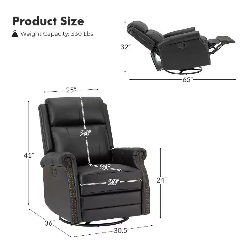 Fauteuil inclinable manuel Irène en cuir véritable, 77,5 cm de large, avec accoudoirs roulés | ART OF LIVING DESIGNS