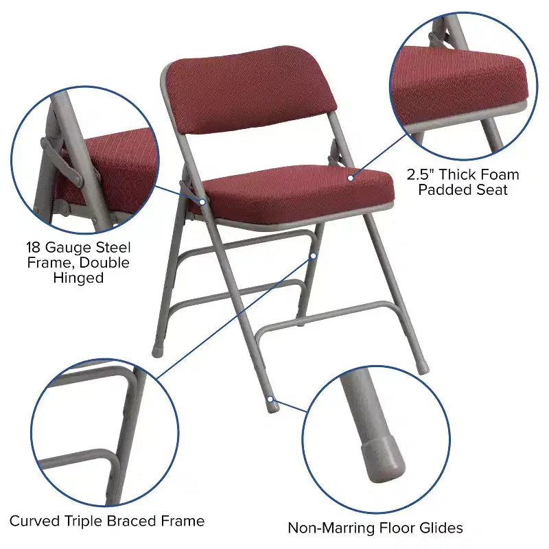Chaise pliante en métal Emma et Oliver (lot de 4) haut de gamme, rembourrée en tissu, avec triple renfort incurvé et charnières