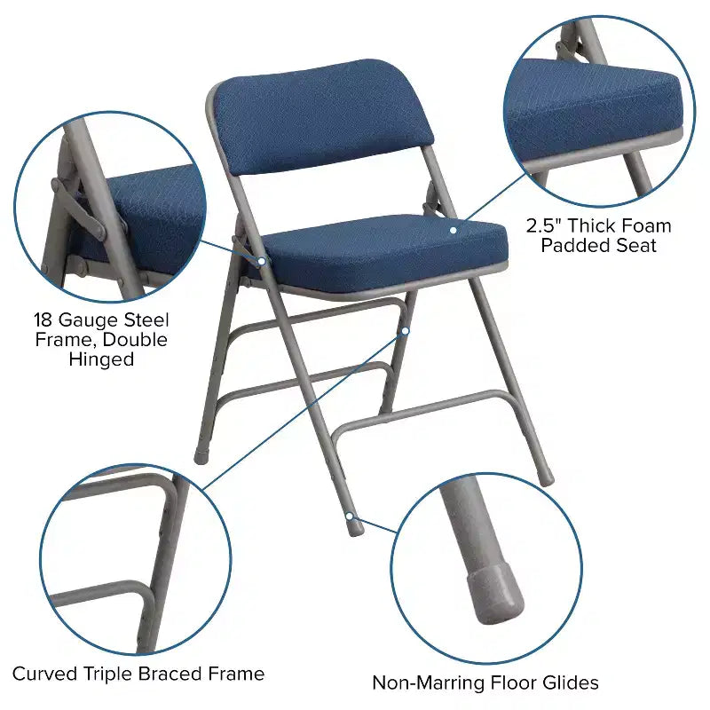 Chaise pliante en métal Emma et Oliver (lot de 4) haut de gamme, rembourrée en tissu, avec triple renfort incurvé et charnières