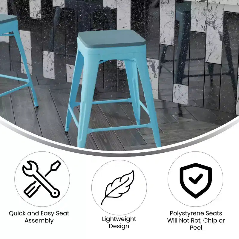 Emma et Oliver – Ensemble de quatre tabourets de bar sans dossier en métal avec sièges en résine polymère résistante aux intempéries pour usage intérieur uniquement
