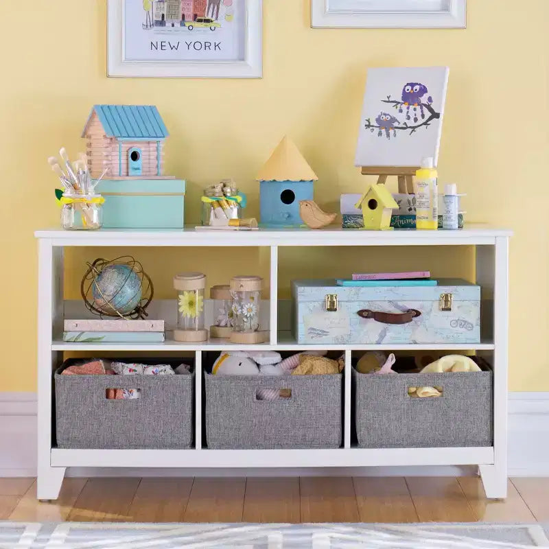 Petite bibliothèque pour enfants Martha Stewart : étagère en bois de 24 po pour enfants, organisateur de livres et de jouets avec bacs en tissu