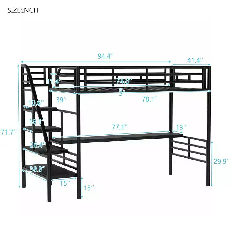 Lit mezzanine en métal de taille double avec bureau, noir - ModernLuxe