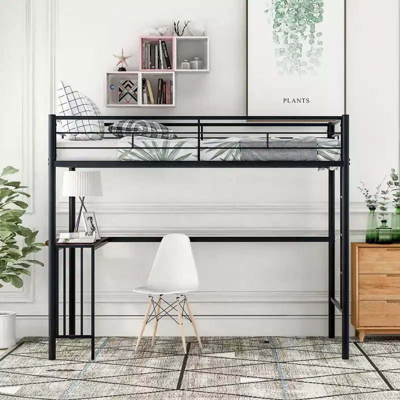 Lit mezzanine métallique pour jumeaux avec bureau, échelle et rampe - ModernLuxe