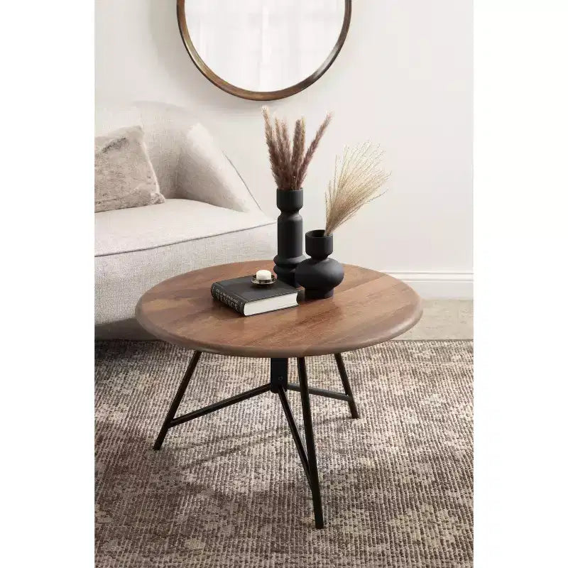 Table basse ronde Kate and Laurel Pallson, 28x28x18, Noyer marron et Noir