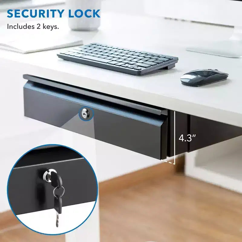 Mount-It! Tiroir coulissant sous le bureau avec serrure et 2 clés incluses | Se fixe aux bureaux, tables et établis de plus de 1,8 cm d'épaisseur | Noir mat