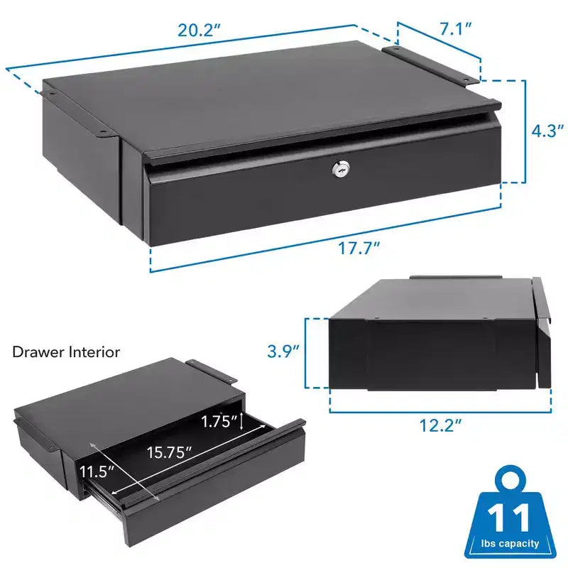 Mount-It! Tiroir coulissant sous le bureau avec serrure et 2 clés incluses | Se fixe aux bureaux, tables et établis de plus de 1,8 cm d'épaisseur | Noir mat