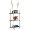 3-Tier Sorbus Rustic Wood Hanging Shelf - Storage Rope Organizer Rack, Floating Display Shelves (Grey)