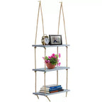 3-Tier Sorbus Rustic Wood Hanging Shelf - Storage Rope Organizer Rack, Floating Display Shelves (Grey)