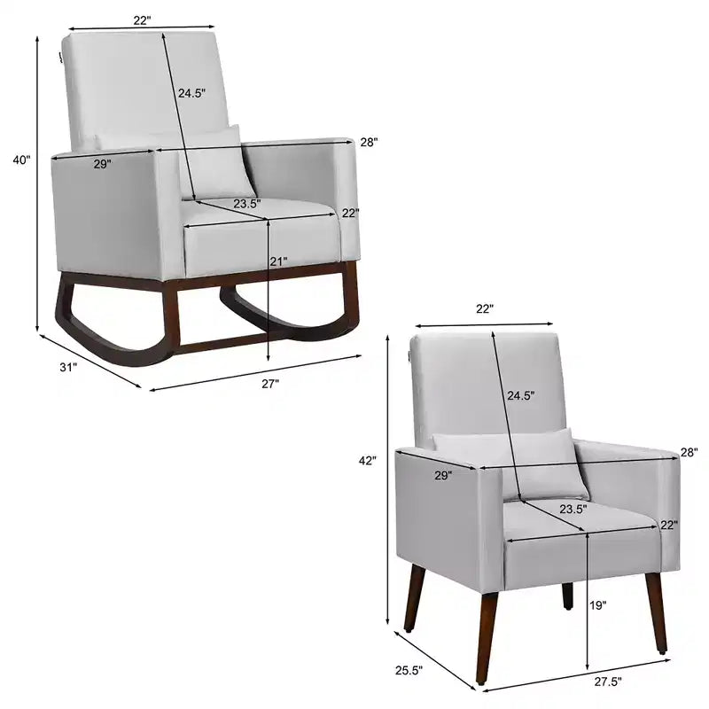 Costway Lot de 2 fauteuils à bascule rembourrés double usage avec oreiller Gris clair/Beige