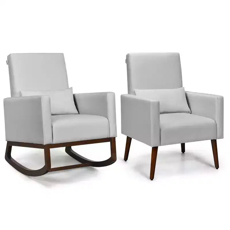 Costway Lot de 2 fauteuils à bascule rembourrés double usage avec oreiller Gris clair/Beige