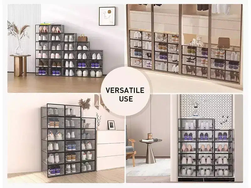 Boîte à chaussures MPM 12 pièces, organisateur de chaussures empilable en plastique transparent, étagère à chaussures, boîte de rangement pour baskets avec couvercle, pour hommes et femmes S